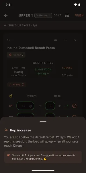 The same screen after tapping the pill: a sheet opens, “Rep increase — you are still below the default target: 12 reps. We add 1 rep this session; the load will go up once you reach the top of the range.”