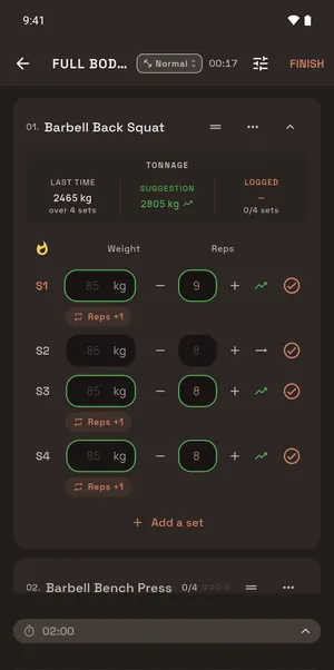 An exercise mid-session: last time 2465 kg over 4 sets, today's suggestion 2805 kg, nothing logged yet, and the first set flagged “Reps +1”.